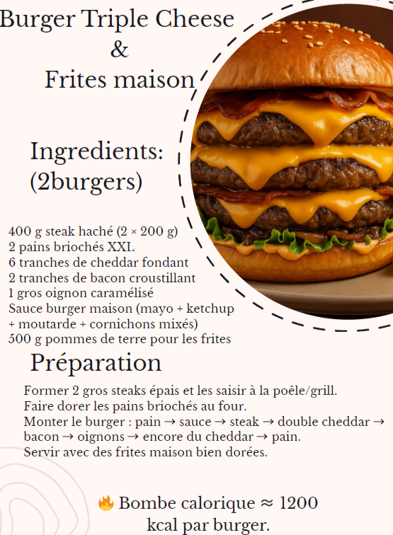 Cheeseburger maison triple fromage, pain brioché et viande grillée"