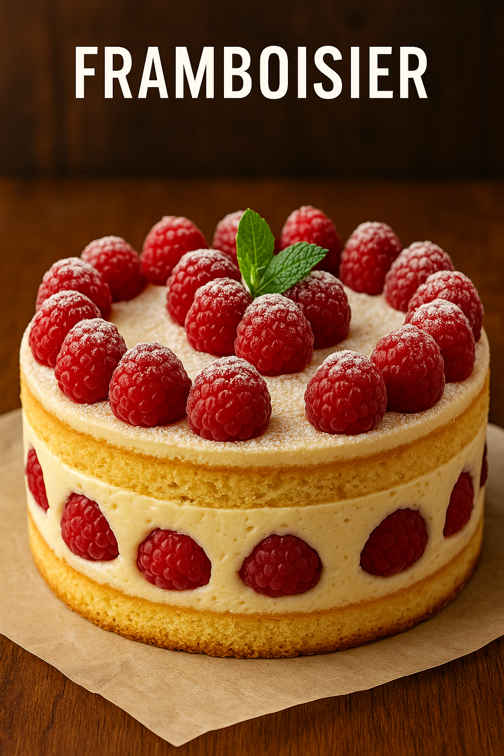 Dessert français classique : framboisier garni de crème et fruits rouges